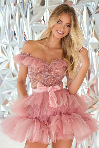 Sparkly Blush A Line Tulle Short Homecoming Dress