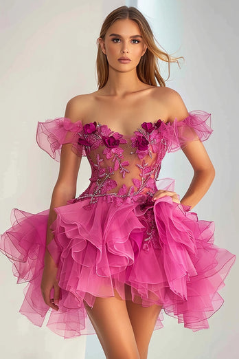 Floral Fuchsia A Line Tulle Short Homecoming Dress with Appliques