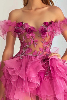 Floral Fuchsia A Line Tulle Short Homecoming Dress with Appliques