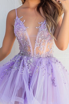 Sparkly Lilac Tulle Short Homecoming Dress with Appliques