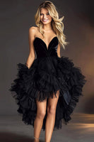 Load image into Gallery viewer, Cute Black Organza High Low Homecoming Dress with Ruffles A Line Strapless Tiered Cocktail Dress