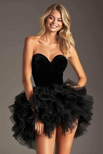 Black A Line Sweetheart Tulle Short Homecoming Dress with Ruffles