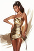 Load image into Gallery viewer, Golden Bodycon Satin Ruched Short Homecoming Dress