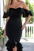 Load image into Gallery viewer, Black Satin Mermaid Off the Shoulder Long Formal Dress with Ruffles