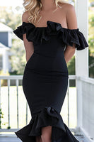 Load image into Gallery viewer, Black Mermaid Satin Off the Shoulder Long Formal Dress with Sleeves