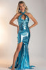 Load image into Gallery viewer, Sparkly Blue Mermaid Metallic Long Formal Dress with Slit