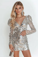 Load image into Gallery viewer, Silver Sparkly Sequin V-Neck Bodycon Short Homecoming Dress