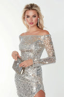 Load image into Gallery viewer, Sparkly Silver Sequin Bodycon Off the Shoulder Short Homecoming Dress