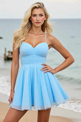 Light Blue Tulle A Line Ruched Short Homecoming Dress