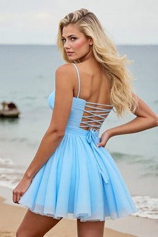 Light Blue Tulle A Line Ruched Short Homecoming Dress