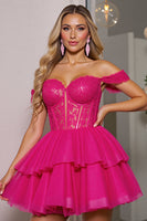 Load image into Gallery viewer, Fuchsia Corset Tulle A Line Short Homecoming Dress with Appliques