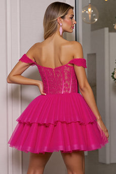 Fuchsia Corset Tulle A Line Short Homecoming Dress with Appliques