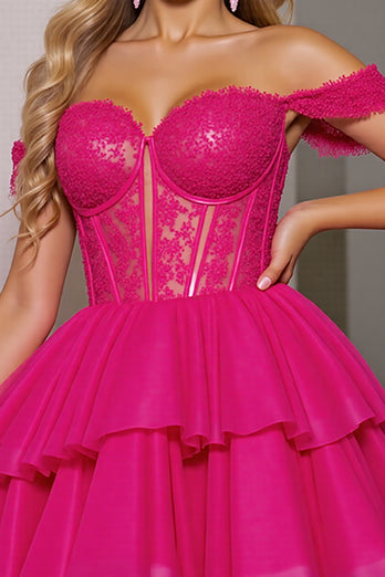 Fuchsia Corset Tulle A Line Short Homecoming Dress with Appliques