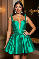 Load image into Gallery viewer, Dark Green A Line Satin Corset Short Homecoming Dress with Bow