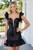Load image into Gallery viewer, Black Satin Bodycon Short Homecoming Dress with Ruffles