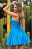 Load image into Gallery viewer, Blue A Line Strapless Ruched Short Homecoming Dress