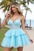 Load image into Gallery viewer, Light Blue Tulle Corset A Line Short Homecoming Dress with Appliques