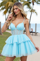 Load image into Gallery viewer, Light Blue Tulle Corset A Line Short Homecoming Dress with Appliques