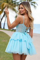 Load image into Gallery viewer, Light Blue Tulle Corset A Line Short Homecoming Dress with Appliques