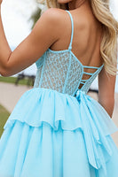 Load image into Gallery viewer, Light Blue Tulle Corset A Line Short Homecoming Dress with Appliques