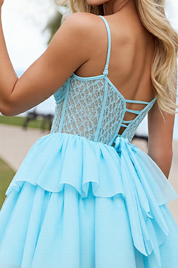 Light Blue Tulle Corset A Line Short Homecoming Dress with Appliques