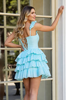 Load image into Gallery viewer, Light Blue A Line Tiered Short Homecoming Dress with Ruffles