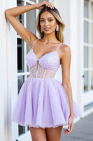 Load image into Gallery viewer, Sparkly Lilac Tulle A Line Corset Short Homecoming Dress