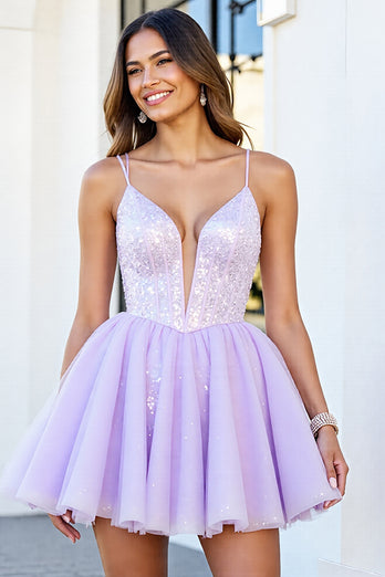Sparkly Lilac Tulle A Line Short Corset Homecoming Dress
