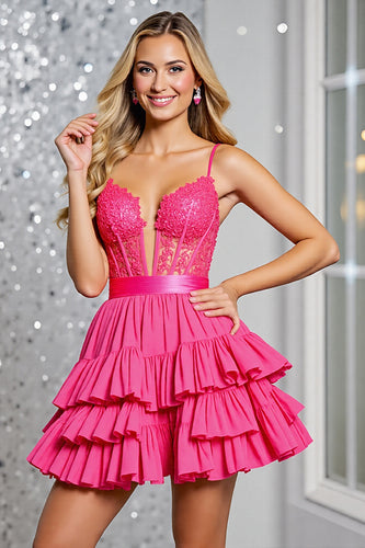 Fuchsia Corset A Line Tiered Short Homecoming Dress with Appliques