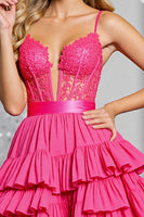 Load image into Gallery viewer, Fuchsia Corset A Line Tiered Short Homecoming Dress with Appliques