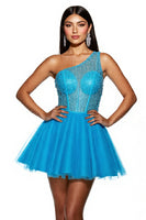 Load image into Gallery viewer, Sparkly Sky Blue A Line Corset One Shoulder Short Tulle Homecoming Dress