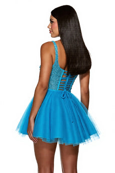 Sparkly Sky Blue A Line Corset One Shoulder Short Tulle Homecoming Dress