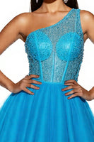 Load image into Gallery viewer, Sparkly Sky Blue A Line Corset One Shoulder Short Tulle Homecoming Dress