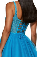 Load image into Gallery viewer, Sparkly Sky Blue A Line Corset One Shoulder Short Tulle Homecoming Dress