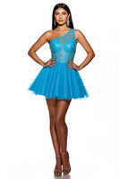 Load image into Gallery viewer, Sparkly Sky Blue A Line Corset One Shoulder Short Tulle Homecoming Dress