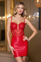 Load image into Gallery viewer, Red Bodycon Satin Short Homecoming Dress with Appliques