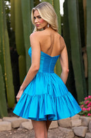 Load image into Gallery viewer, Sky Blue A Line Strapless Short Satin Homecoming Dress