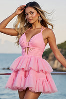Load image into Gallery viewer, Pink A Line Tulle Spaghetti Straps Short Homecoming Dress
