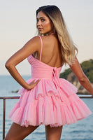 Load image into Gallery viewer, Pink A Line Tulle Spaghetti Straps Short Homecoming Dress