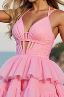 Load image into Gallery viewer, Pink A Line Tulle Spaghetti Straps Short Homecoming Dress