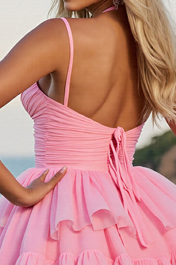 Pink A Line Tulle Spaghetti Straps Short Homecoming Dress