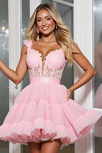 Light Pink A Line Tulle Corset Short Homecoming Dress with Appliques