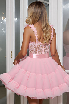 Light Pink A Line Tulle Corset Short Homecoming Dress with Appliques