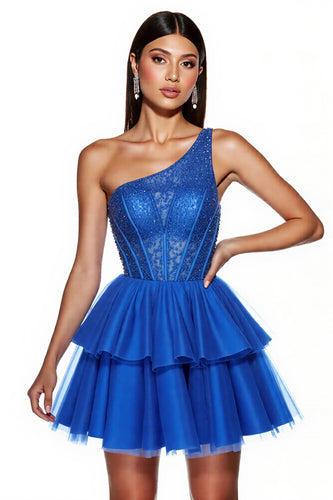 Royal Blue A Line Corset One Shoulder Short Tulle Homecoming Dress