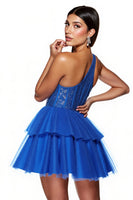Load image into Gallery viewer, Royal Blue A Line Corset One Shoulder Short Tulle Homecoming Dress