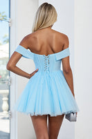 Load image into Gallery viewer, Light Blue Tulle A Line Off the Shoulder Short Homecoming Dress