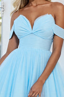 Load image into Gallery viewer, Light Blue Tulle A Line Off the Shoulder Short Homecoming Dress