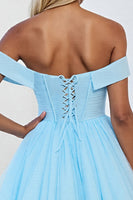 Load image into Gallery viewer, Light Blue Tulle A Line Off the Shoulder Short Homecoming Dress