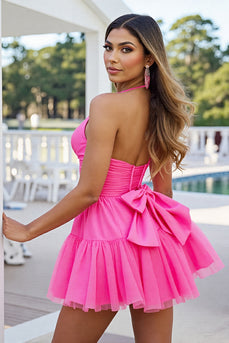 Fuchsia Tulle A Line Halter Short Homecoming Dress