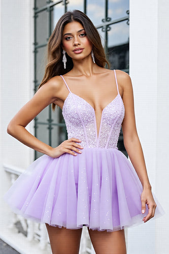 Sparkly Lilac A Line Tulle Short Corset Homecoming Dress